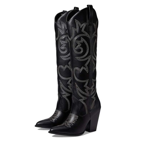 Steve Madden Shoes - Steve Madden Linconn Boots Black Faux Leather Knee Cowboy Western Heel Sz 8